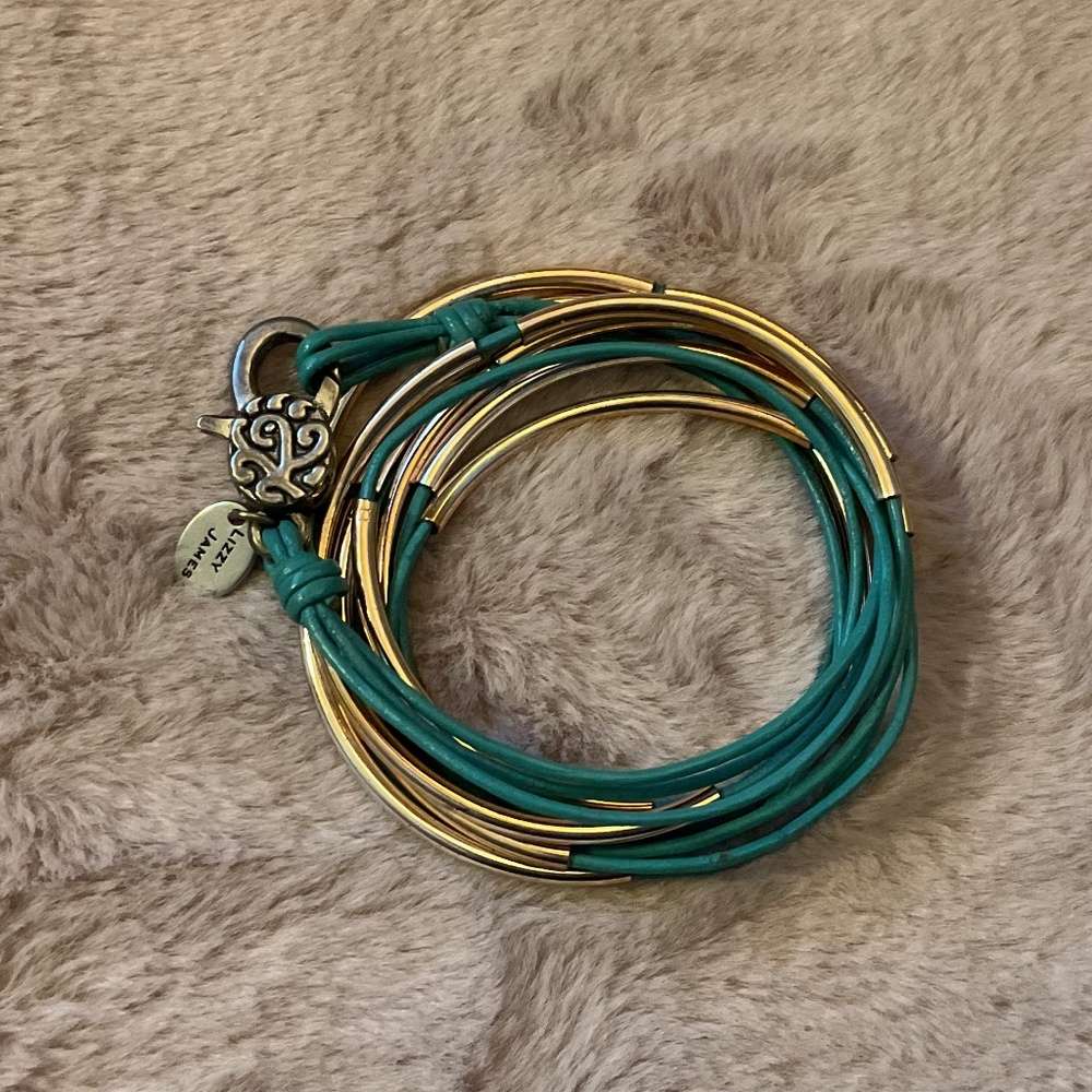 Lizzy James Classic 4 Strand Silver Blue Leather Wrap Bracelet